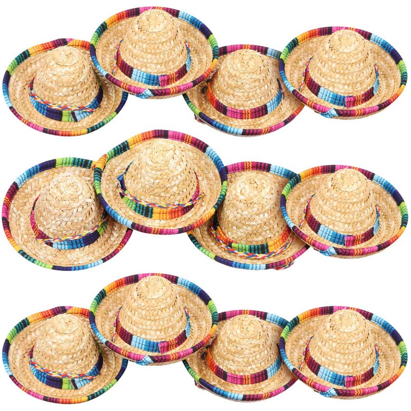 LoveBB 12 Pack Mini Sombrero Hats 5.9 Inch Small Straw Sombreros Cinco de Mayo hats for Kid Pet Doll Themed Party Decoration (Brown) - Image 1